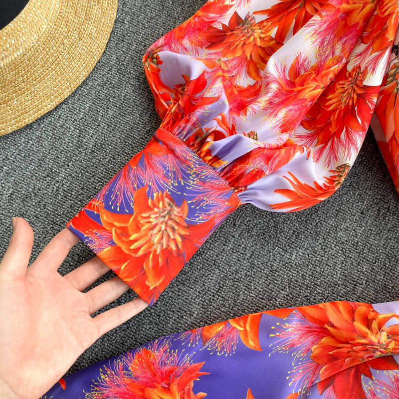 DEAT Women High Waist Wide Leg Shorts Print Lantern Sleeve Shirt Two Piece Set Fashion Spring Summer 11B508 210709