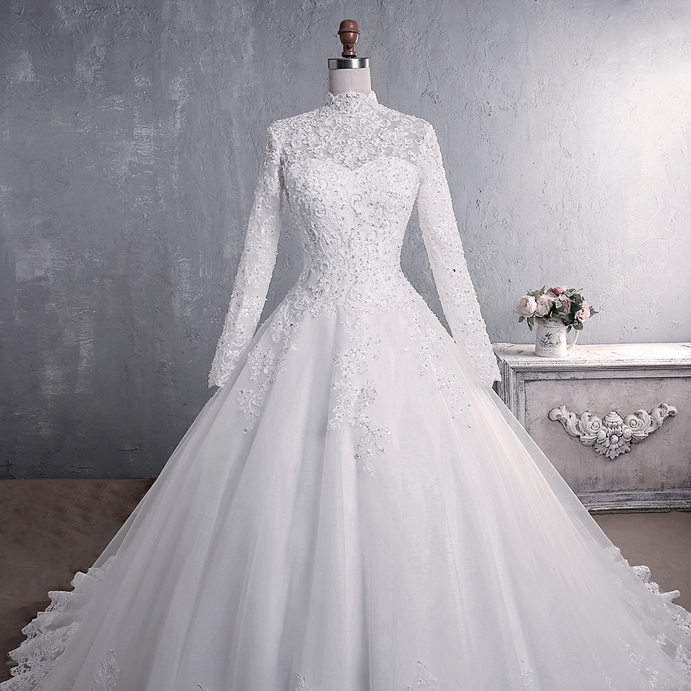 Muslim Ball Gown Wedding Dresses High Neck Long Sleeves Lace Appliques Beads Court Train Custom Made Arabic Islamic Modern Tulle Bridal Gowns 2021 rob