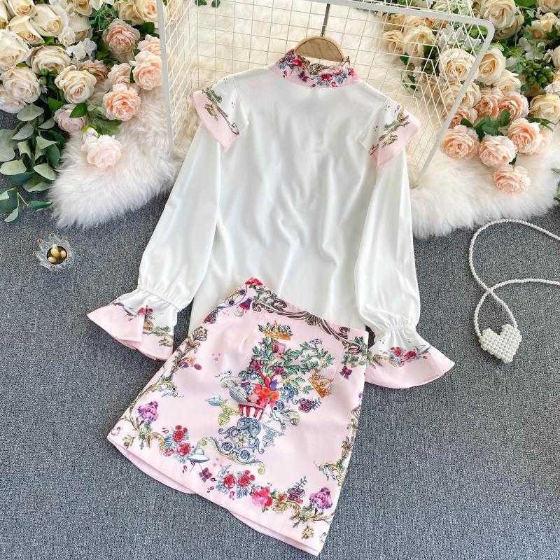 Summer 2 Piece Set Women Elegant Floral Print Flare Sleeve Ruffles Blouse Shirt Mini Pencil Skirt Suits Outfits 210603