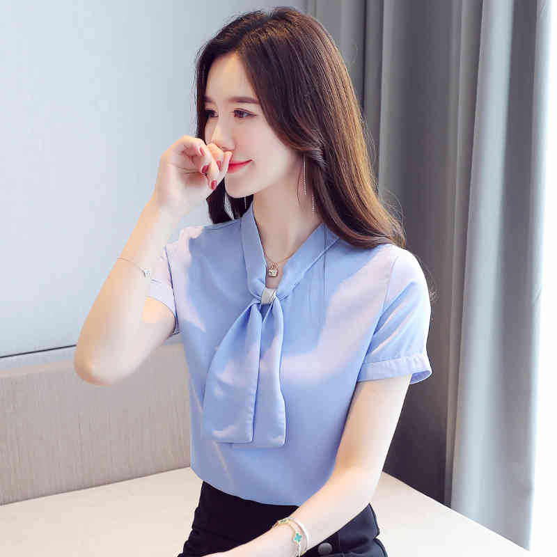 Casual Short Sleeve Solid Shirt Women Summer V Neck Tops Chiffon Pullover Blouse Blusas Mujer De Moda 9569 210506