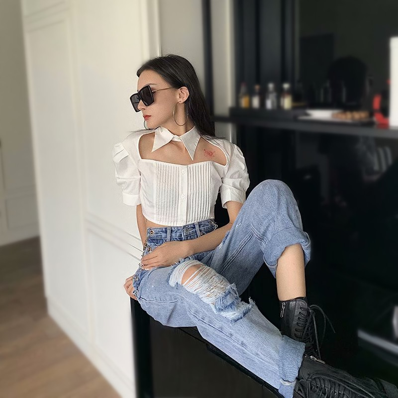 Women Fashion Solid Single Breasted Cotton Crop Top Turn-Down Collar Elegant Pleated Short Shirt Summer Short Sleeve Outwear 210521