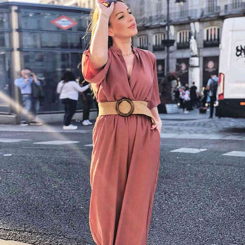 Women Fashion Solid Bodysuit With Belt Summer Short Sleeve Casual Wide Leg Jumpsuit Ladies V Neck Loose Playsuit Overalls 210515