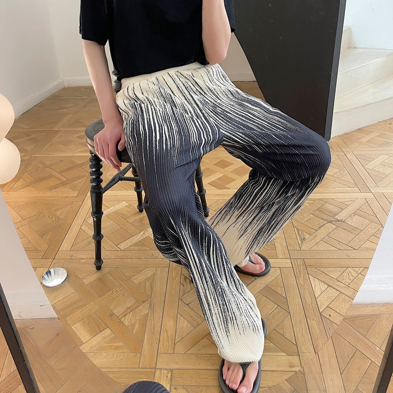 IEFB Summer Wrinkle Fabric Gradient Pattern Elastic Waist Men's Casual Pants Loose Straight Wide Leg Trousers 9Y7066 210524