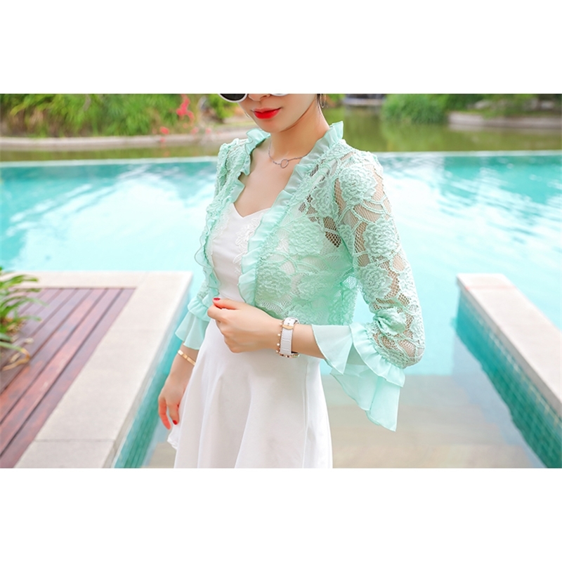 Summer Lace Shirt Women Blouse Hollow Out Lace Crochet Short Tops Cardigan Shawl Waistcoat Vest blusas femininas T91591 210323