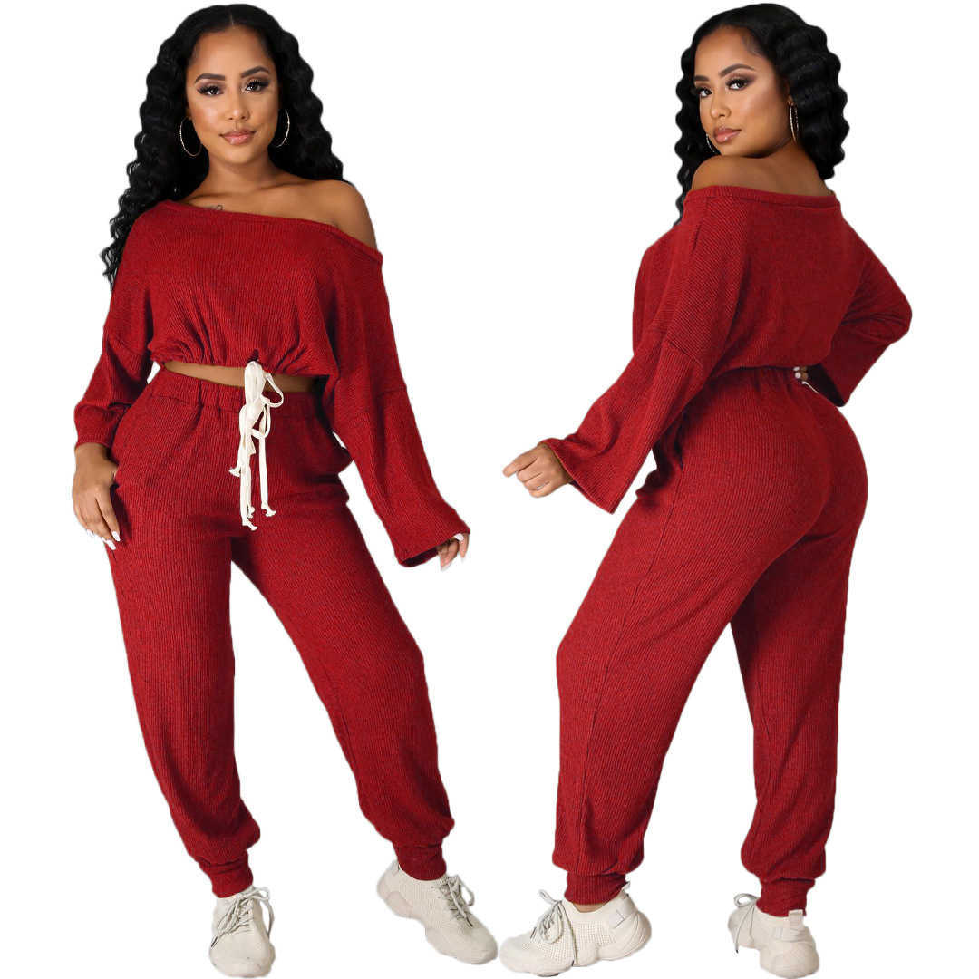 Designers Women Clothes 2023 solid rib off shoulder strap loose casual pants two piece set