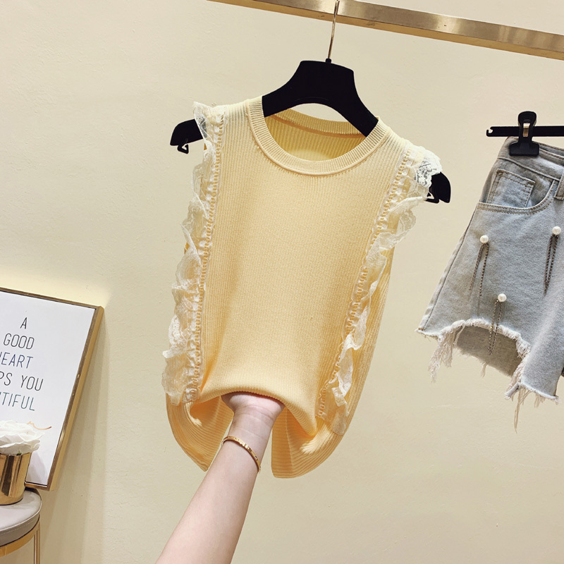 Fashion Ruffles Sleeveless Ice Silk Tank Top Summer Lace Stitching Pullover Round Neck Thin Bottoming Vest for Women 14207 210506