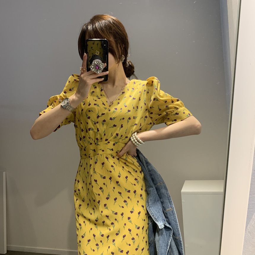 Fashion Flower Print Dress Women Elegant V Neck Puff Sleeve Ladies Vestidos Summer Slim Waist Female Dresses 210506