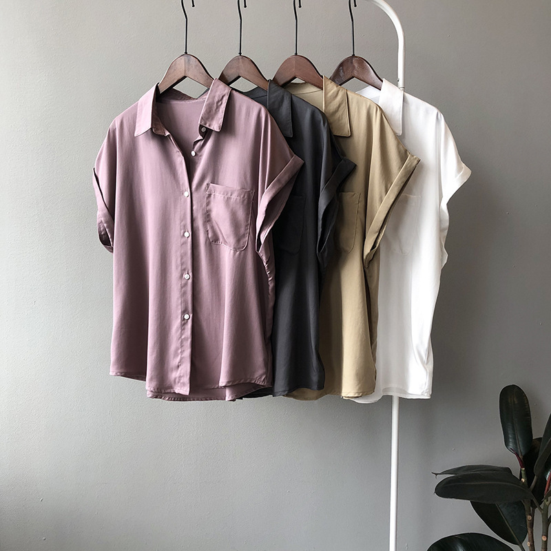 Summer Korean Casual Women Shirt Tops Short Sleeve Turn-down Collar Pocket Solid Loose Female Blusas Mujer 210514