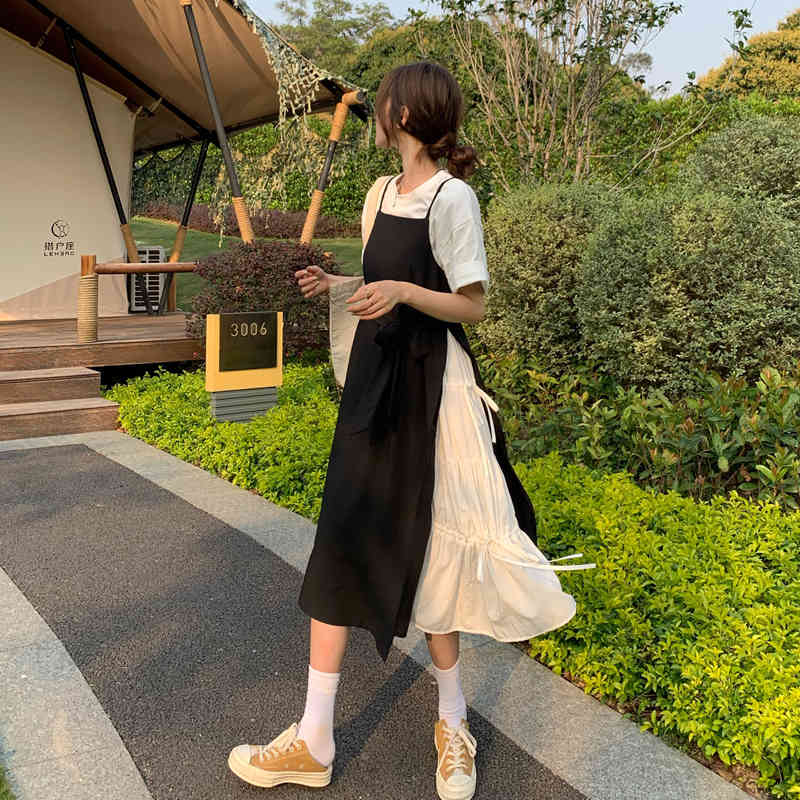 Bohemian Beach Summer Dress Women Casual Preppy Style Spaghetti Strap Black Patchwork Vintage Long dress Female (N0071) 210423