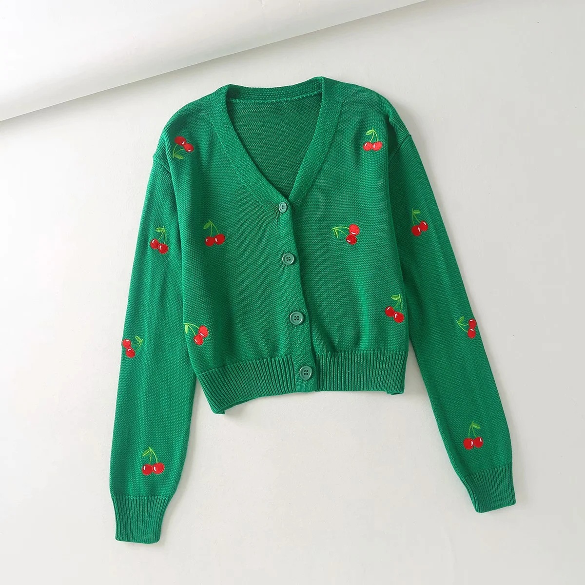 Cardigan Women's coat Winter Autumn Knitted Sweater V-neck Loose Cherry Embroidered knitted cardigan Jacket 210508