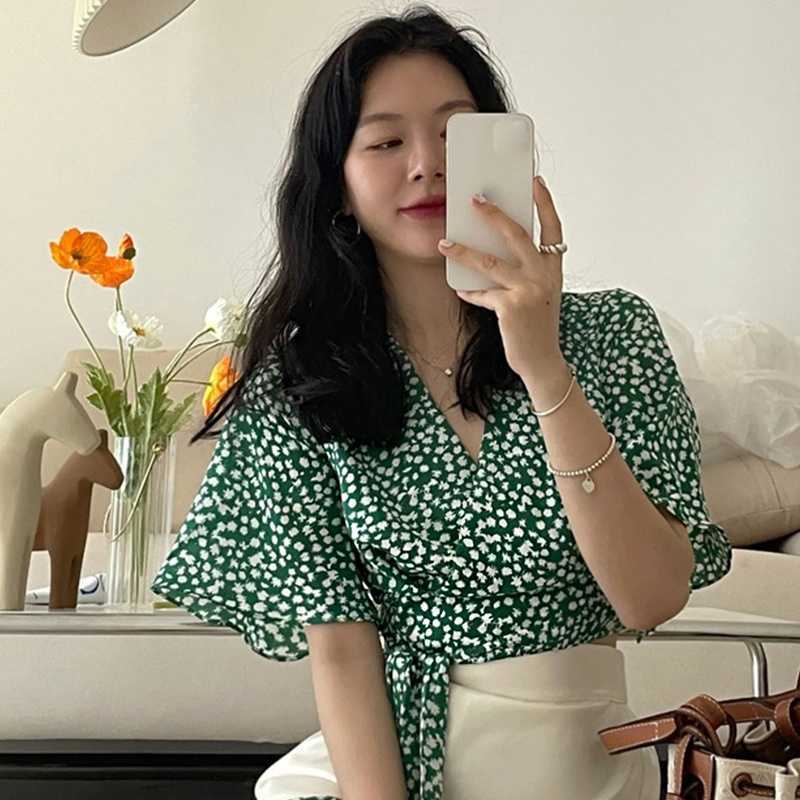 Korean Chic Floral Shirt Elegant C-neck Short Sleeve Woman Blouse Summer Bow Bandage Blusas Mujer De Moda 210603