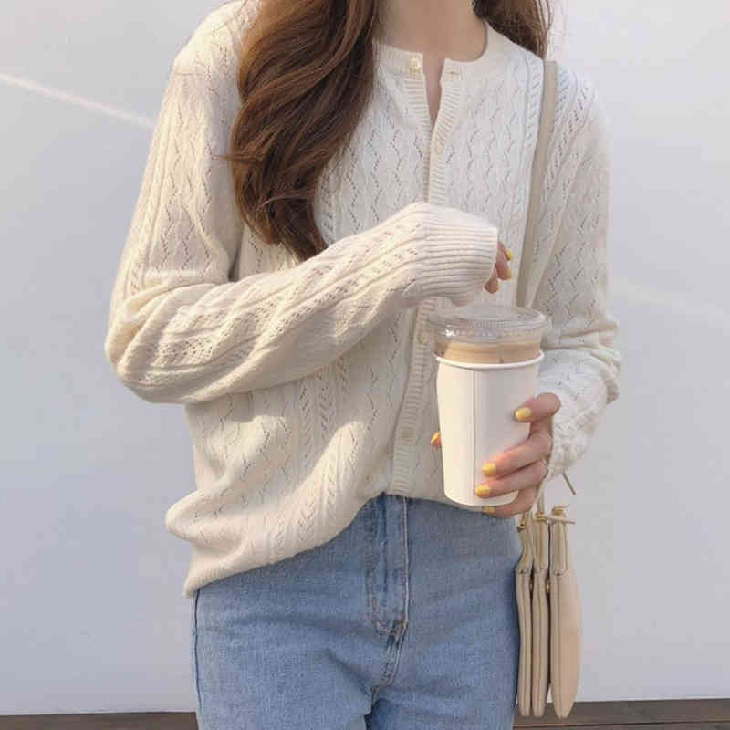 Hollow Out Sweater Women Autumn Fashion Vintage Thin Cardigan Long Sleeve Soft O-neck Clothes 10919 210506