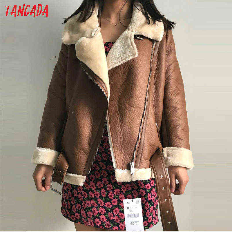 Tangada Women beige fur faux leather jacket coat with belt turn down collar Ladies Winter Thick Warm Oversized Coat 5B01 211105