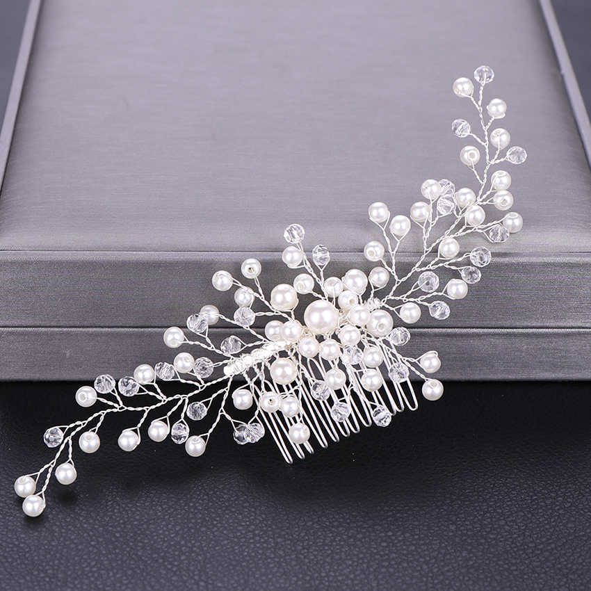Women Hair Combs Wedding Hair Accessories Tiara Pearl Rhinestone Silver Color Bridal Hair Ornament Flower Head Jewelry Headband X0625