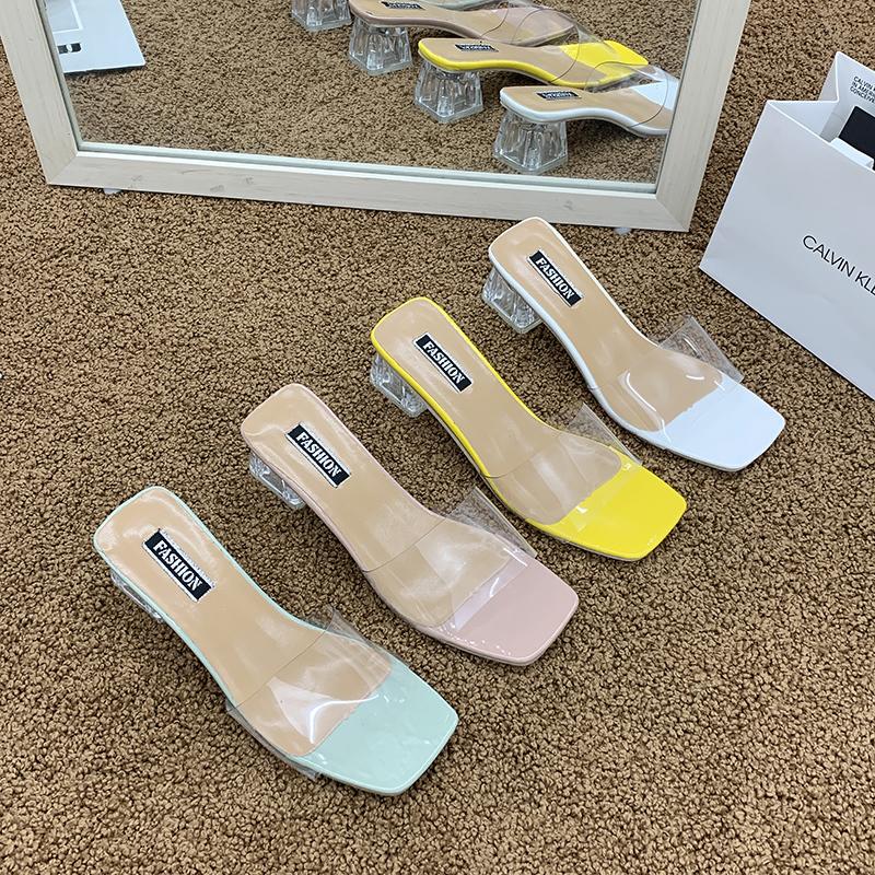 Slippers Clear Transparent Women Shoes Woman Mules Summer Ladies Female Thick High Heels Crystal Casual Plus Size 43