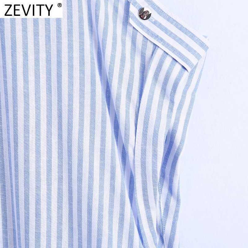 Zevity Women Vintage Striped Print Loose Smock Blouse Office Lady Short Sleeve Side Split Casual Shirts Chic Blusas Tops LS9352 210603