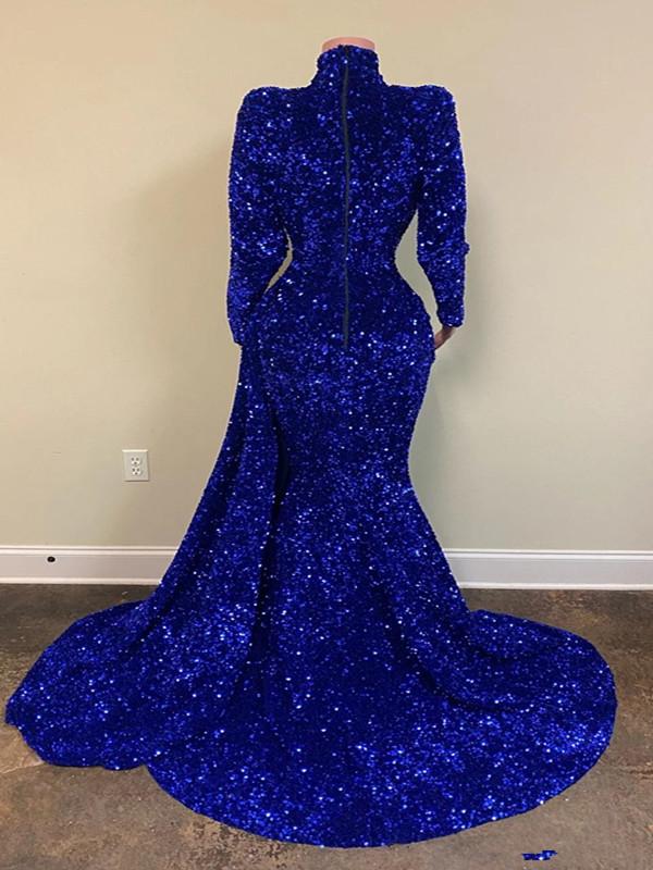 2021 Royal Blue Evening Dresses Luxury Beading Sequined High neck keyhole african Sweep Train Mermaid long sleeve Prom Dress