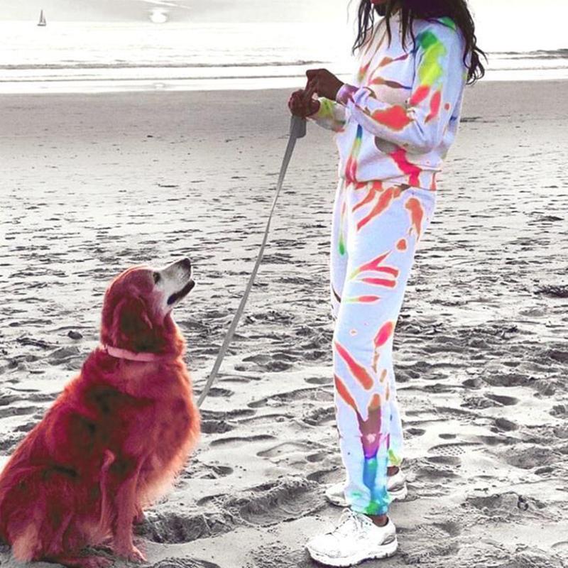 Tie Dye Printed Women Pajamas Set Long Sleeve Tops And Pants Lounge Wear Two Piece Dress