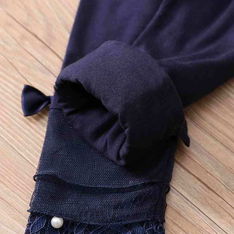 Spring Autumn 2 3 4 6 8 10 Year Children Dark Blue Beige Long Pears Bow Lace Basic Leggings For Little Baby Kids Girl 210701
