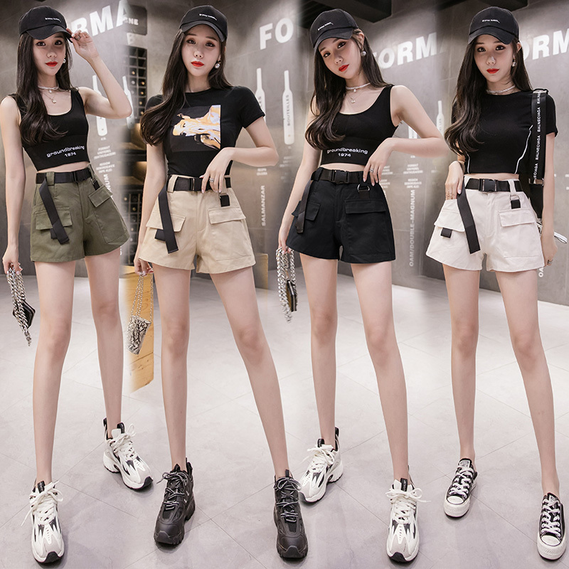 Summer High-Waisted Shorts for Women Solid Loose Wide Leg Pants Vintage Pocket Women's Femme 9175 50 210508