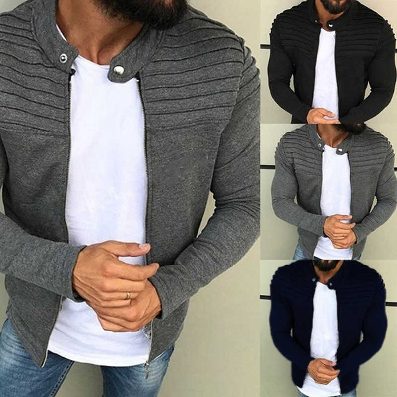 Sports Casual Men Jacket Men's Autumn Pleats Slim Stripe Fit Zipper Long Sleeve Coat Cardigan 211110