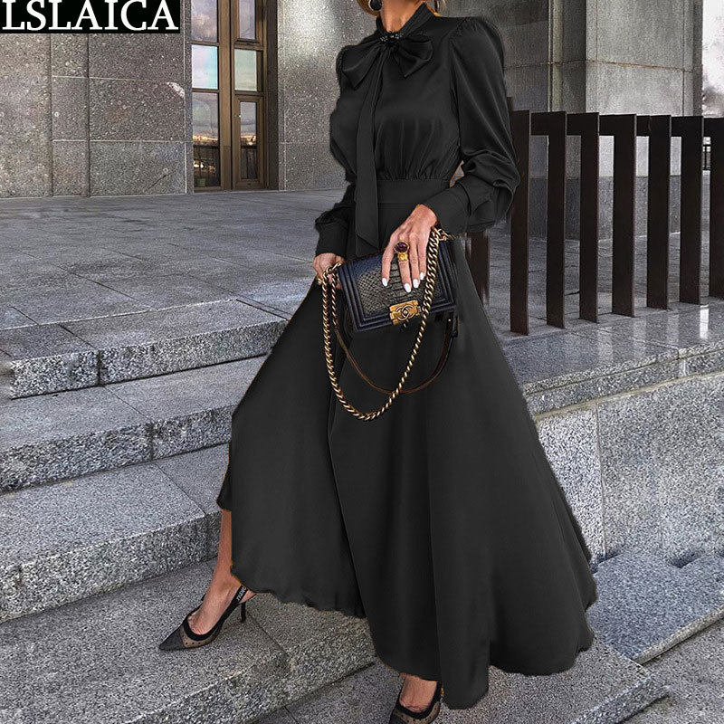 Elegant Maxi Dresses for Women Long Sleeve Bow Collar High Waist Autumn Solid Evening Party Plus Size Vestidos 210515