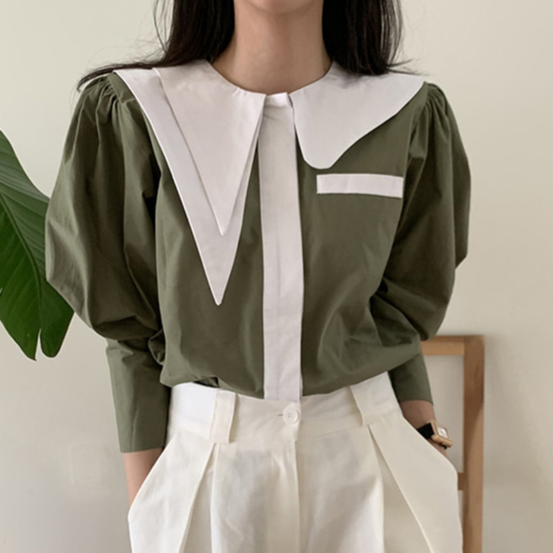 Women Spring Autumn Blouses Asymmetrical Turn-down Collar Tops Female Contrast Color Korean Chic Office Lady Casual Shirt 210519