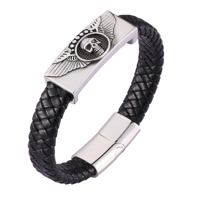 Viking Style Stainless Steel Skull Charm Black Genuine Leather Bracelet with Mangetic Buckle
Viking Style Stainless Steel Skull Charm Black Genuine Leather Bracelet with Mangetic Buckle