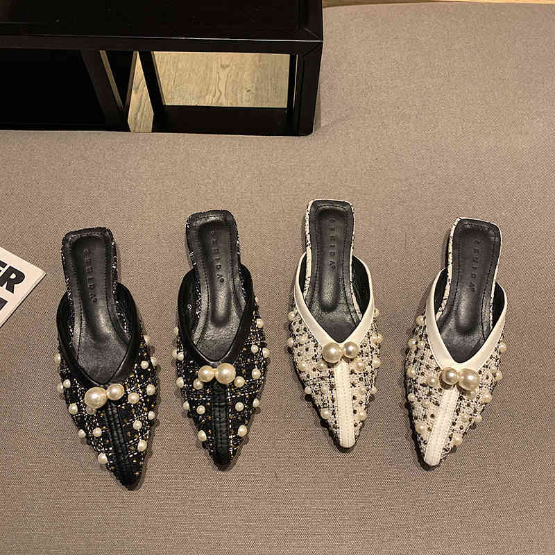 Elegant bead string women's flat sandals felt top summer Lefu slippers Lace black and white stitching lady slide