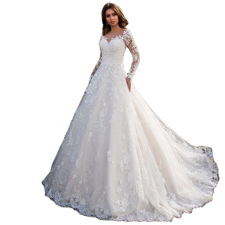 2021 New Dubai Elegant Long Sleeves A-line Wedding Dresses Sheer Crew Neck Lace Appliques Beaded Vestios De Novia Bridal Gowns with Buttons