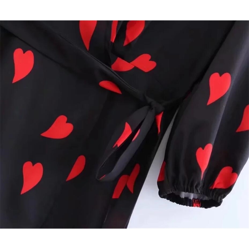 French Cross V neck Red Heart Print Wrap Dress Black Vintage Lacing up Waist Split Slim Women 3/4 sleeve Long Tea Dresses 210429