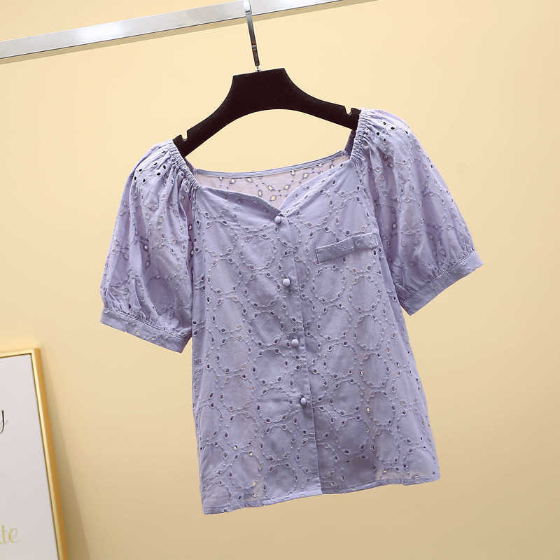 Fashion Women Blouses Sweet Hollow Out Solid Chiffon Blouse Loose Puff Sleeve Cardigan Square Collar Woman's Shirts 9878 210506