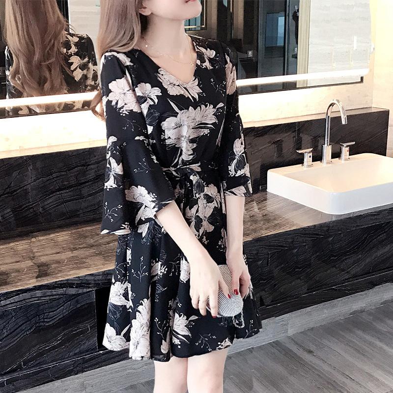 Women Dress 2021 Summer Korean Floral Women's Mid-Length Round Neck Short-Sleeved Skirt Crop Top Casual Dresses