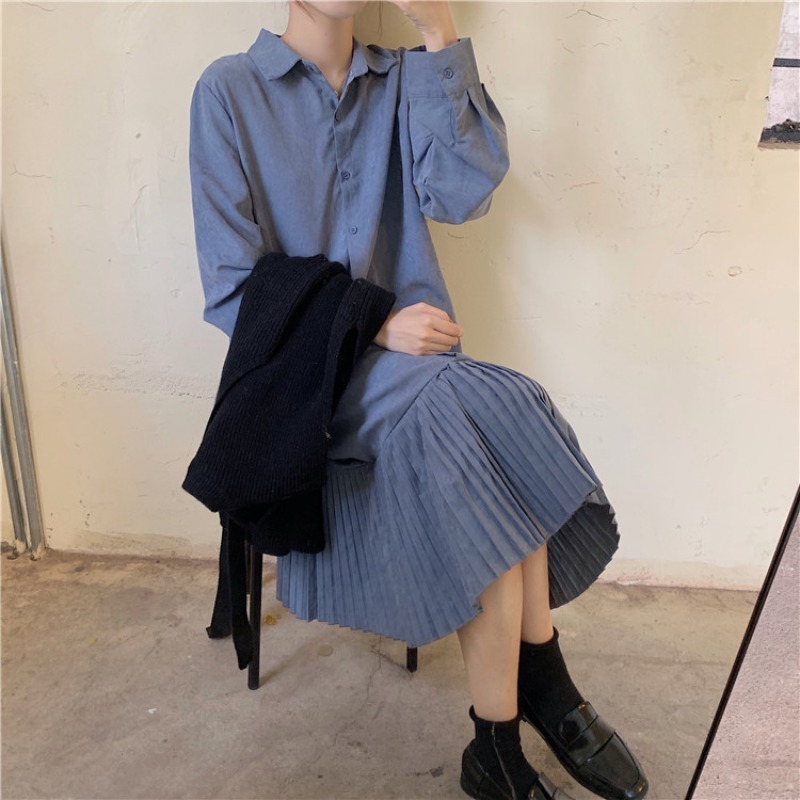 Elegant Two Pieces Set Women Loose Sleeveless Vest + Pleated Long Shirt Dress Autumn Ladies Korean Chic Duit Outfits 210519