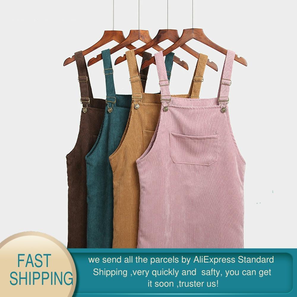 Women Retro Corduroy Dress Autumn Spring Suspender Sundress Casual Loose Vest Overall Female Natural es 210428