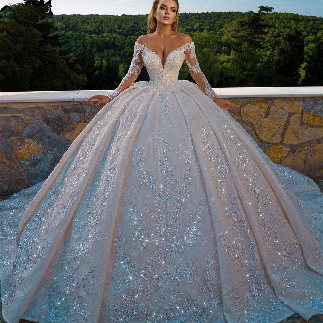Vintage Ball Gown Off the Shoulder Wedding Dress Lace Sequins V Neck Long Sleeve Bridal Gowns Luxurious vestido de novia, Gold
Vintage Ball Gown Off the Shoulder Wedding Dress Lace Sequins V Neck Long Sleeve Bridal Gowns Luxurious vestido de novia, Gold
