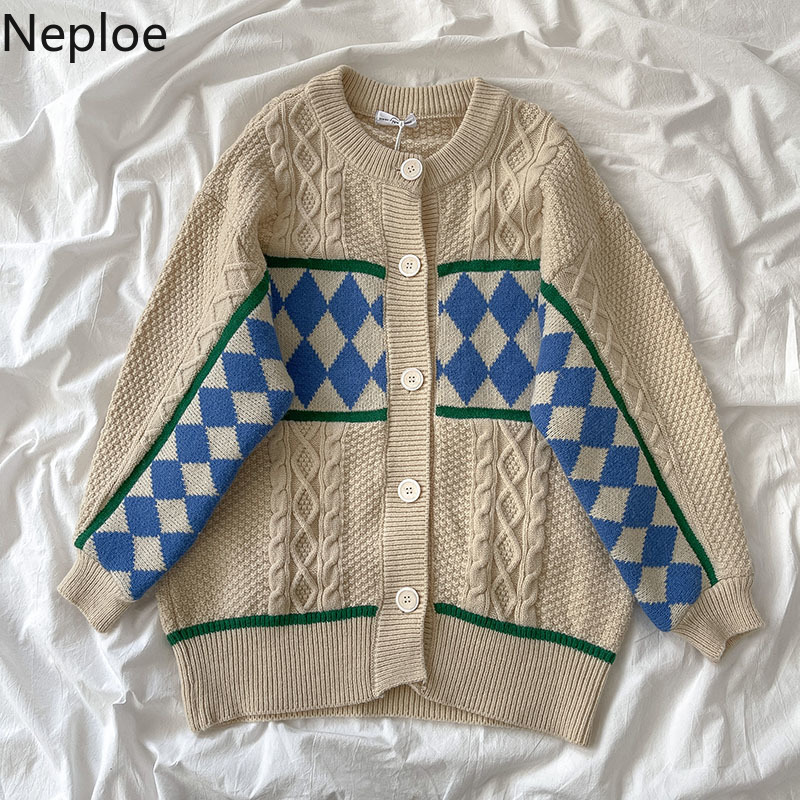 Neploe Sweaters for Women Winter Clothes Knitted Plaid Casual Cardigan O-neck Long Sleeve Loose Sueter Coat Female 4H095 210422
