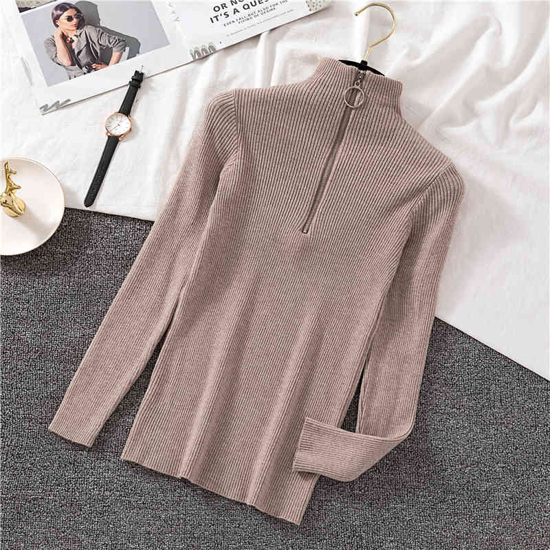 Autumn Winter Basic Knitted Sweater Women Zipper Patch Half Turtleneck Slim Pullover Jumper Korean Modis Pull Femme 210519