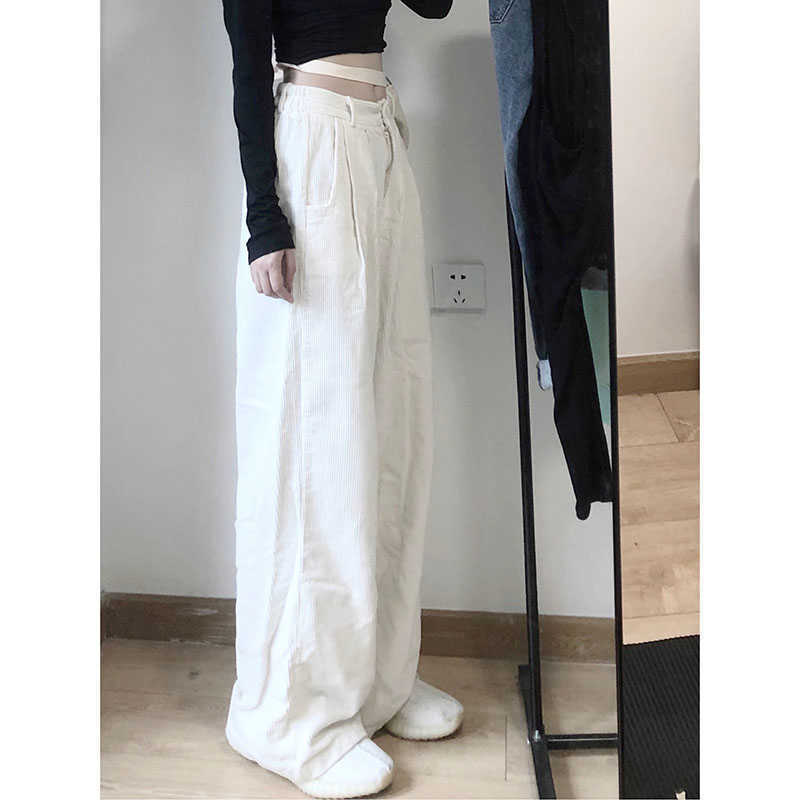 White Corduroy Wide Leg Pants for Women All Match Loose Straight High Waist Drape Casual Trousers 210615