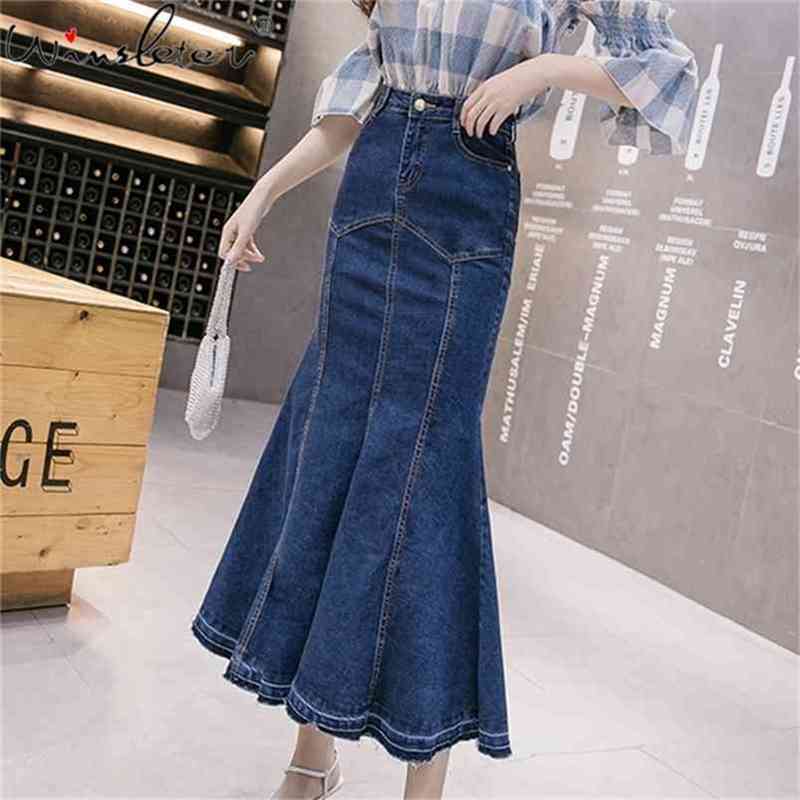 Summer Denim Skirt Women Mermaid Trumpet Long Ruffles Mid-calf Empire High Waist Jeans With Stretchy B02910B 210702, Blue
Summer Denim Skirt Women Mermaid Trumpet Long Ruffles Mid-calf Empire High Waist Jeans With Stretchy B02910B 210702, Blue