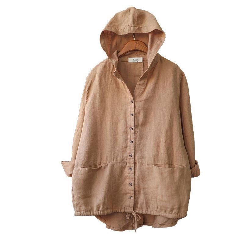 Spring Autumn Arts Style Women Long Sleeve Cotton Linen Short Coats Single Breasted Loose Casual Hooded Jackets M285 210512