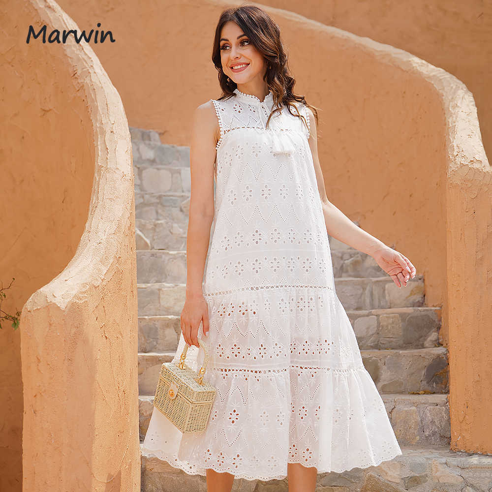 Marwin Long Simple Casual Solid Hollow Out Pure Cotton Holiday Style High Waist Fashion Mid-Calf Summer Dresses Vestidos 210623