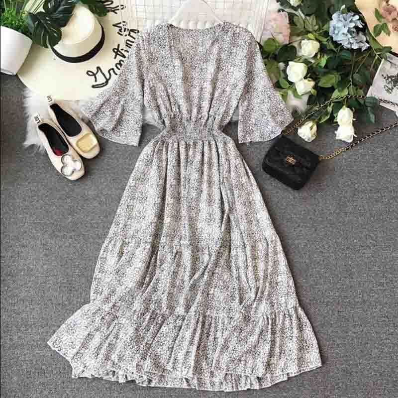 Fashion Summer Chiffon Dresses Women's Elastic Waist Print Long Dress Casual Ruffles Flare Sleeve Dress Party Vestidos 210521