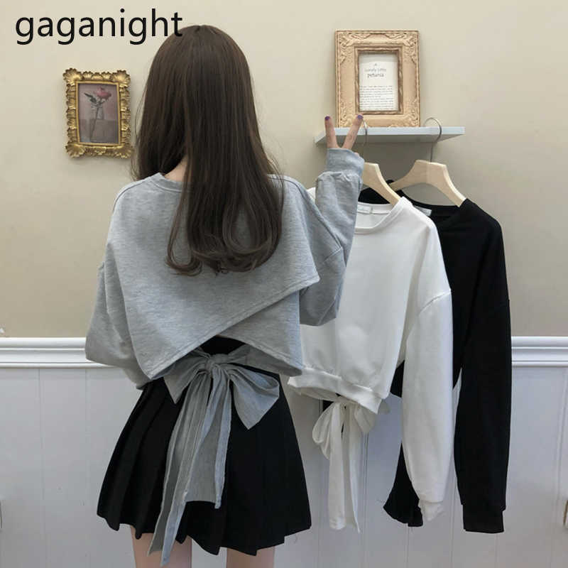 Gaganight Fashion Women Back Bow Jumper Sweet Lady Long Sleeve Hoodies Chic Korean Girls Sweatershirt Solid Crop Jumpers 210729