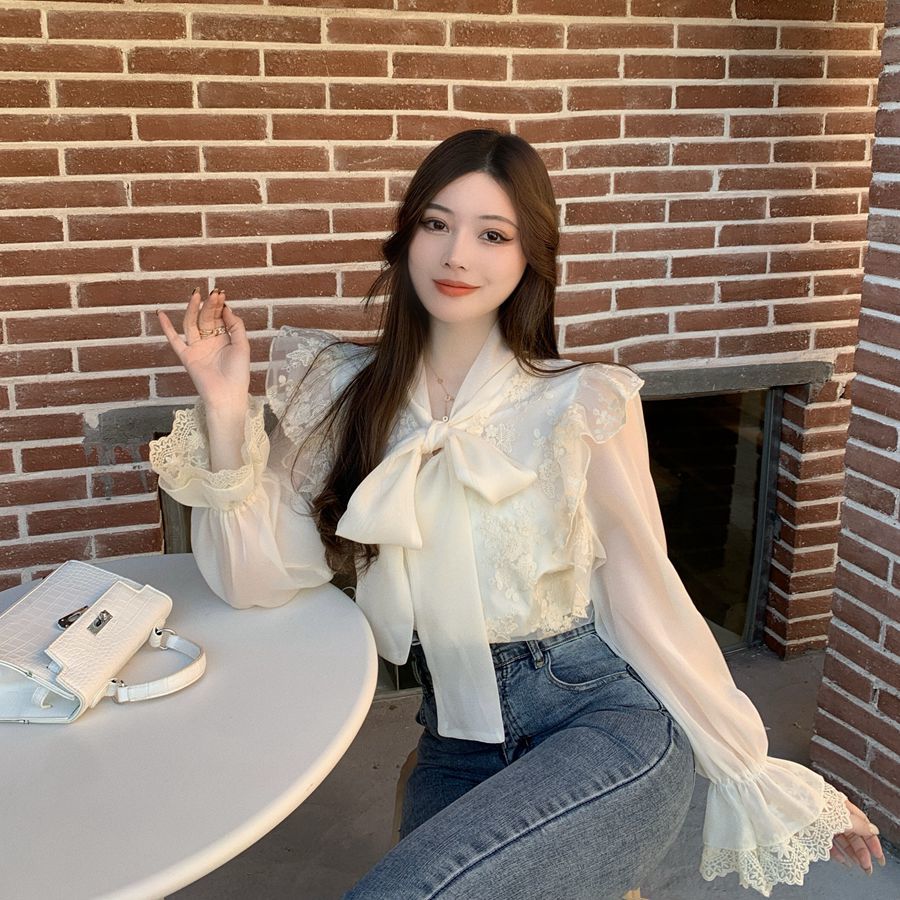 Nomikuma Women Blouse Korean Lace Embroideried Ruffle Shirt Spring Bow Tie Collar Flare Sleeve Elegant Blusas Mujer 6E225 210427