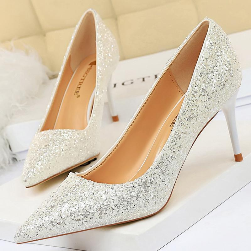 Dress Shoes Women 7.5cm Thin High Heel Pumps Bridal 2021 Bling Sparkly Heels Lady Party Fashion Glitter Wedding Plus Size