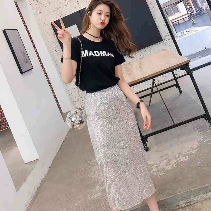 High Waist Women Midi Skirts Vintage Sequined Blingbling Female Bodycon Party Elegant Ladies Chic Slim Bottoms 210510