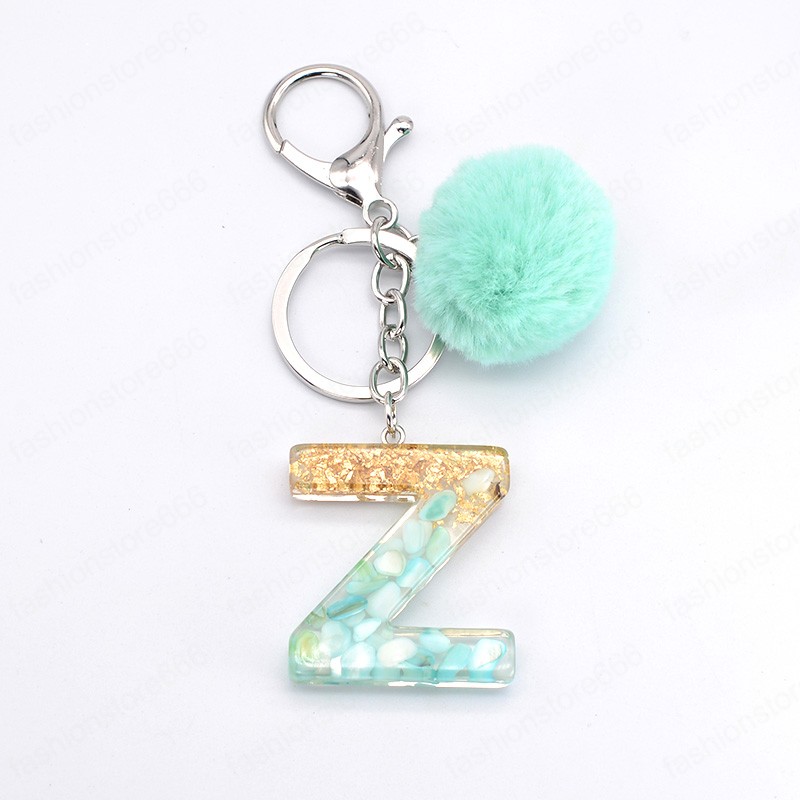 Blue Pompom Letter Keychain English Words Keyring with Fur Ball Glitter Gradient Color Resin Crafts Handbag Charms