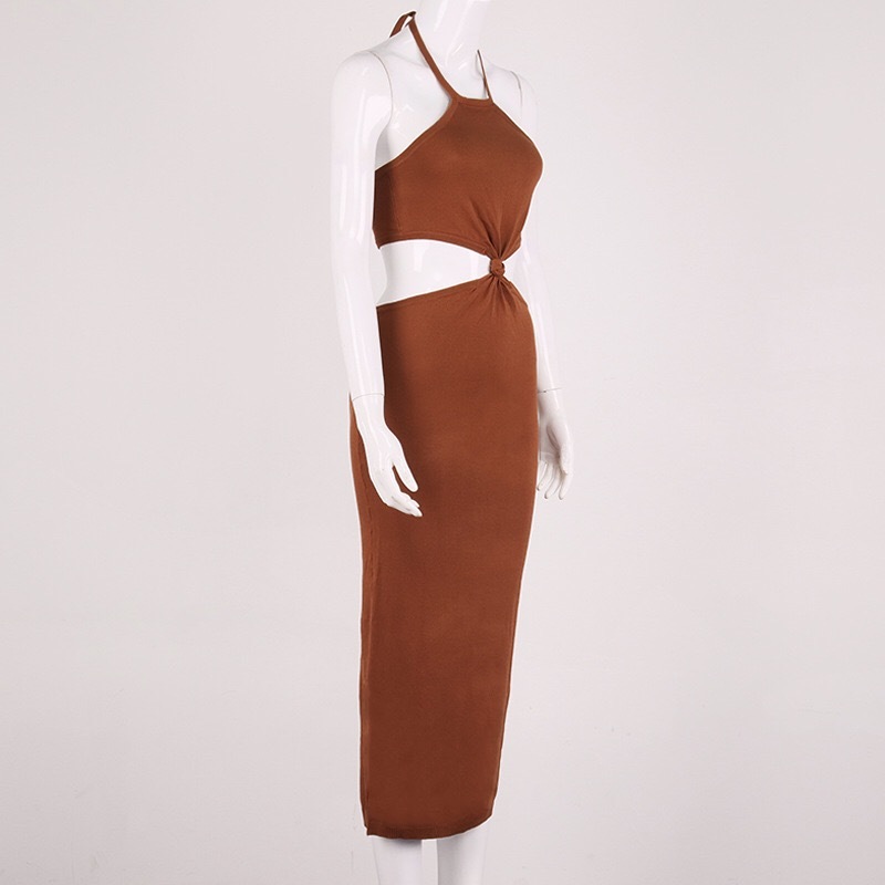 Sexy Tie Bow Halter Collar Women Dress Hollow Out Waist Backless Celebrity Party Club Bandage Long Dresses Vestidos 210429