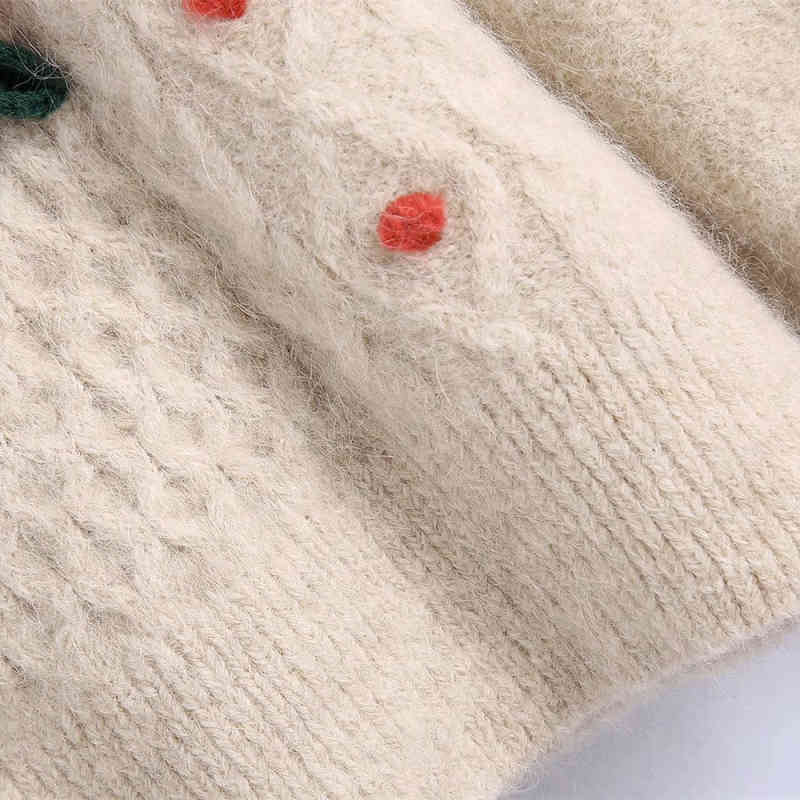 Casual Woman Beige Appliques Knitted Cardigan Spring Autumn Fashion Ladies Soft Patchwork Sweaters Girls Sweet Knitwear 210515